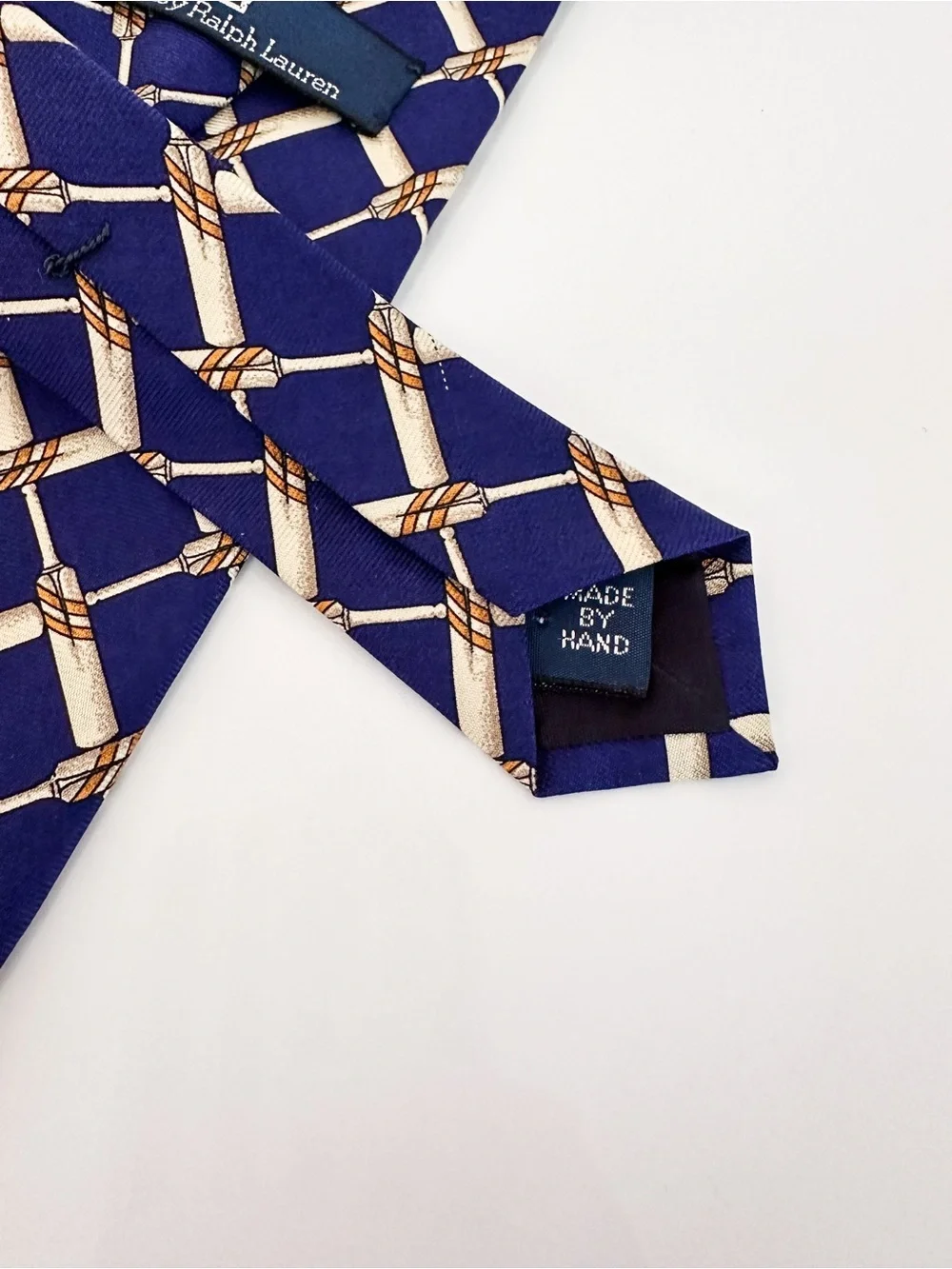 Polo Ralph Lauren Silk Tie Blue Bamboo Rope Lattice Geometric Pattern USA Made